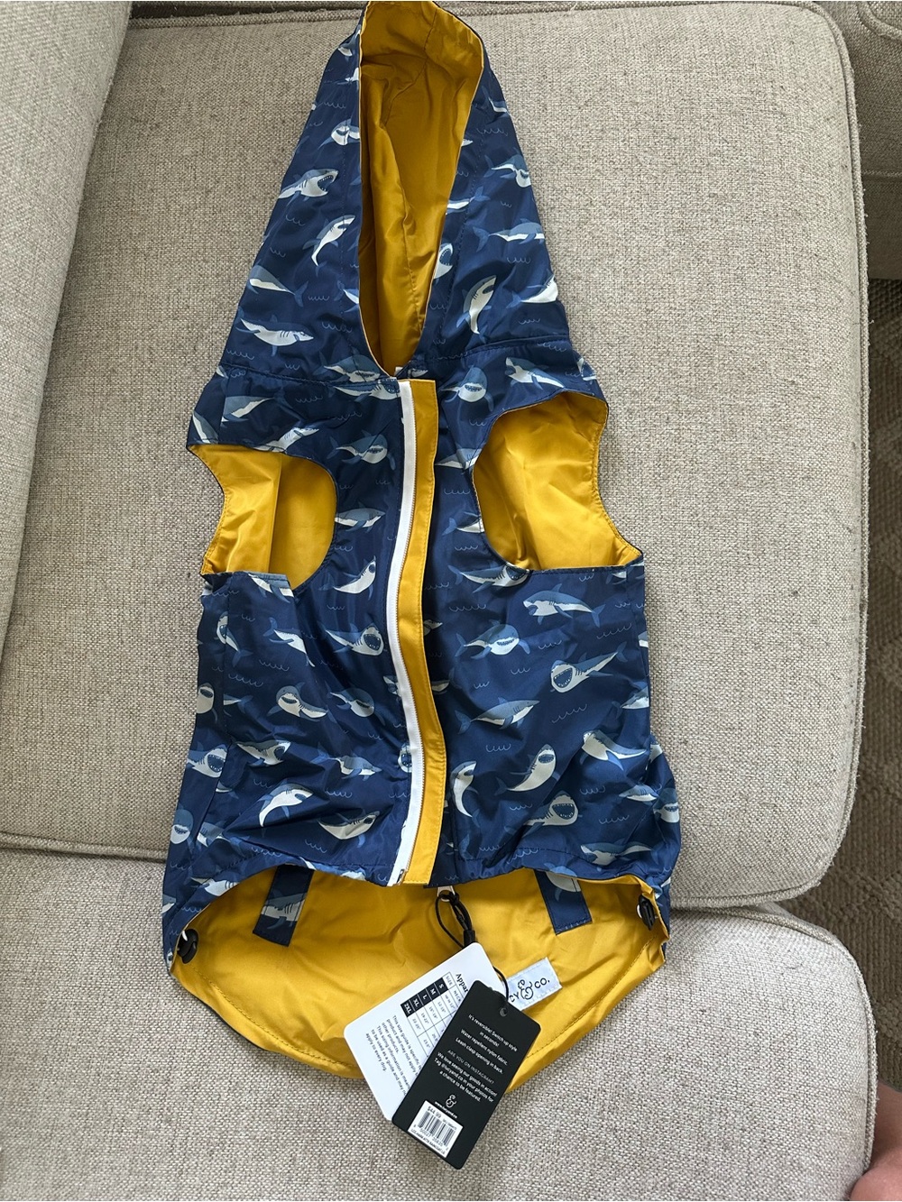 Reversible Shark Print Dog Rain Vest with Yellow Lining size M